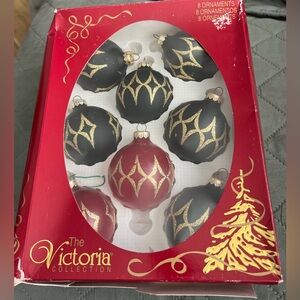 Victoria Collection Christmas Ornaments Trimmed in Gold Boxed Black & Red